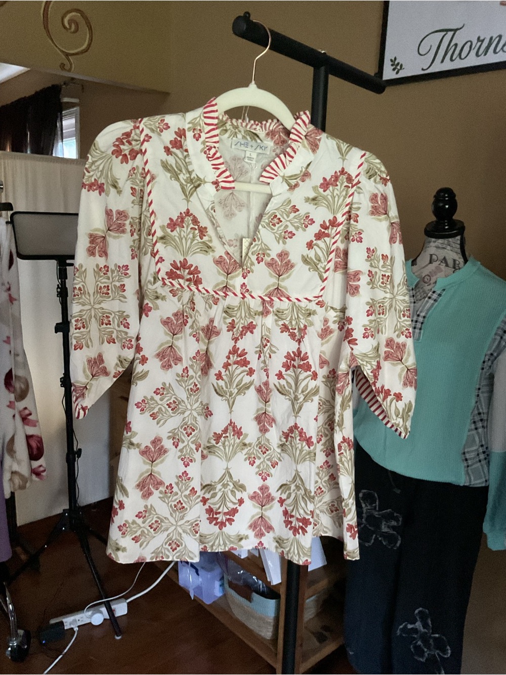 She and Sky Cream Tunic with Pink Floral & Olive Leaves